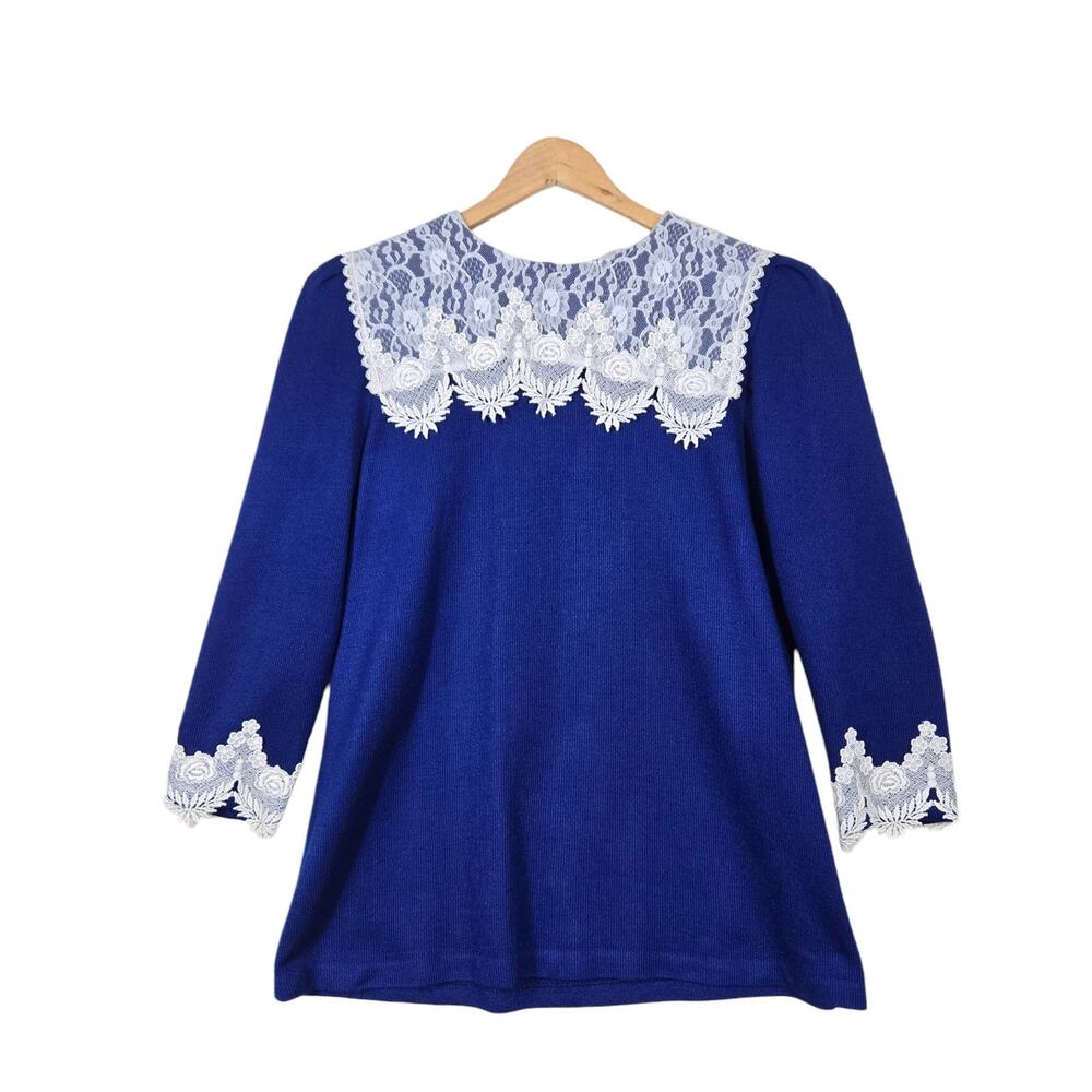 VTG David Rose Ribbed Sweater Top sz XL* Blue Lace Collar Cuffs Back Keyhole